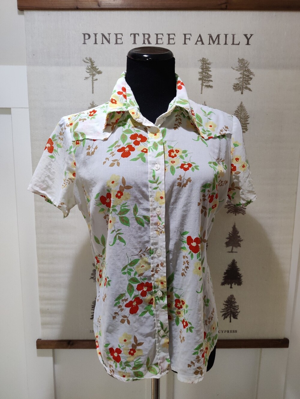 United Colors of Benetton Floral Western Shirt L Cotton Cottagecore Red Yellow